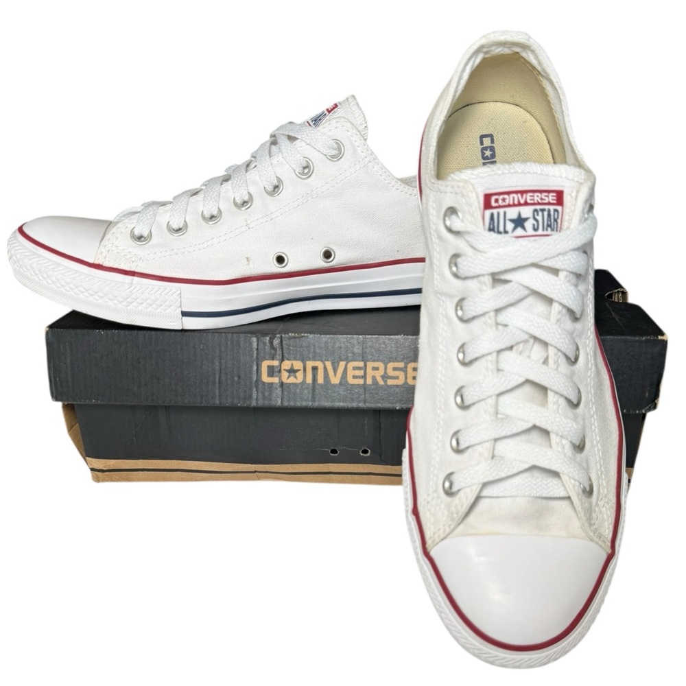 Converse White Canvas Shoes with Red and Blue Stripes